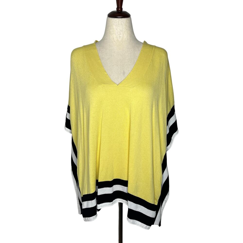 Planet Womens Poncho OSFA Yellow Stripe Border V-Neck Pima Cotton Coastal Resort